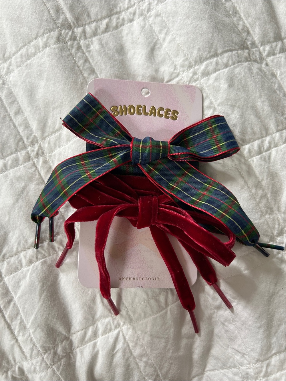 Anthropologie Red Velvet Shoelaces with Green Plaid Bow